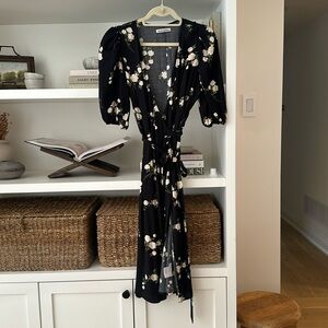 Reformation Black and Cream Floral Wrap Midi Dress